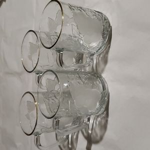 4 ELEMENTS Winter Garden Gold Trimmed Embossed Fruit Frosted Glass Mugs-EUC